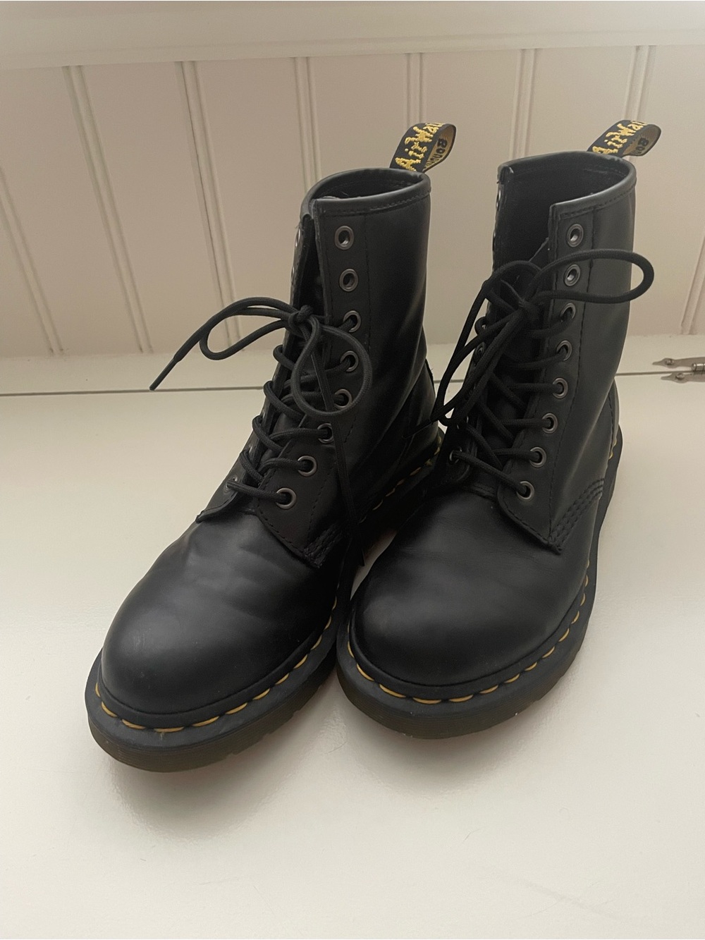 Dr. Martens Black Leather Lace-Up Combat Boots with Yellow Stitching